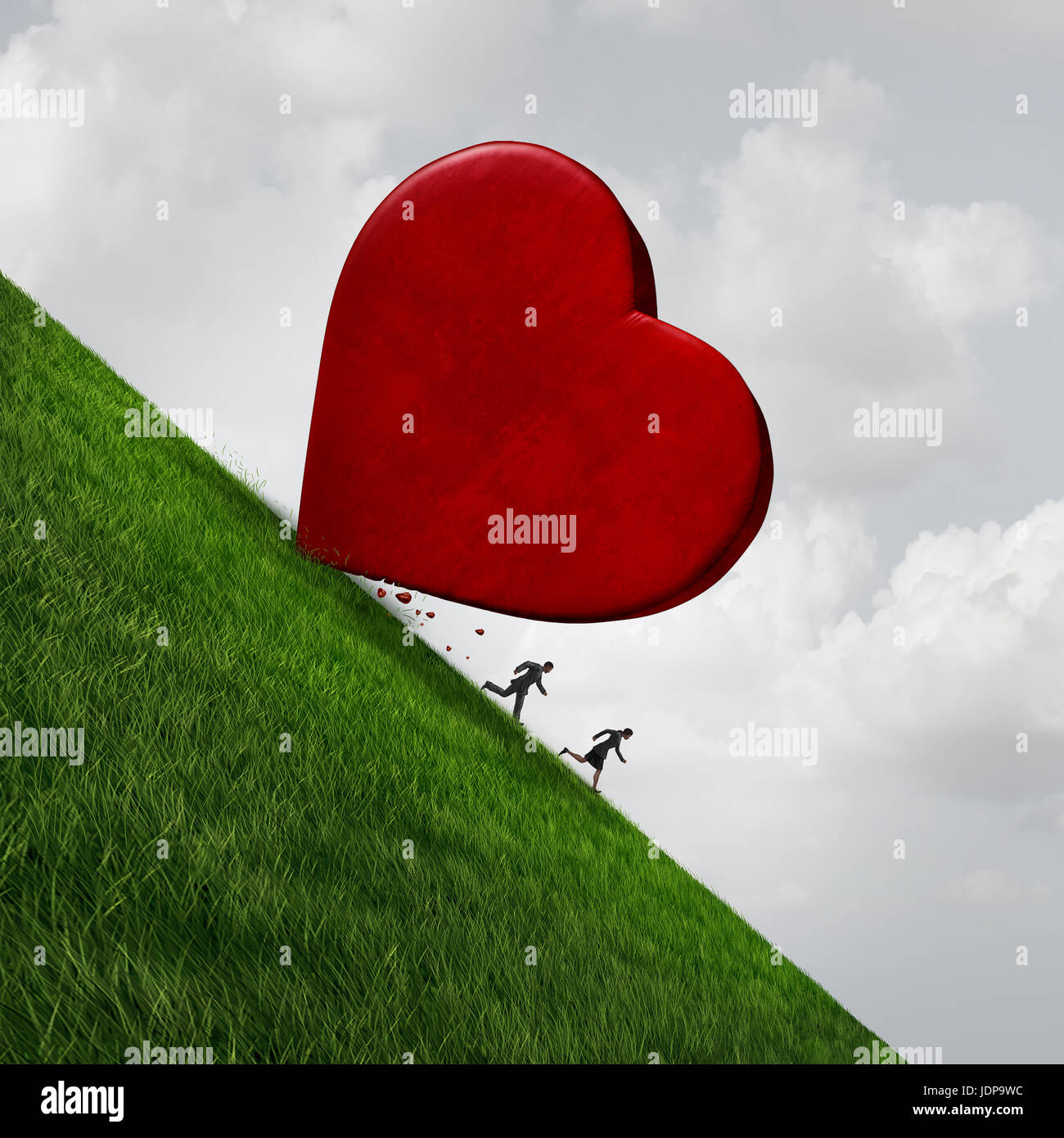 Stress relation concept comme un homme et une femme s'enfuir d'un cœur géant dévalant une colline comme un symbole du mariage ou de rencontres. Banque D'Images