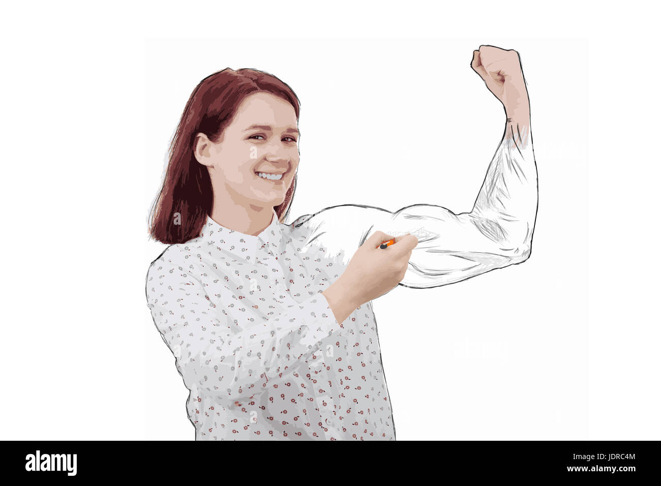 Illustration de businesswoman flexing muscles essayer de tirer un bras puissant, montrant sa force isolé sur blanc. L'expression du visage positif. Pe Banque D'Images