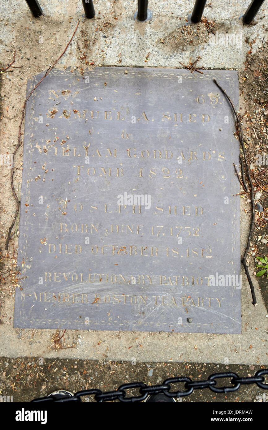 Pierre tombale pour Samuel William shed shed joseph goddard et membre de la Boston tea party Granary Burying Ground Boston USA Banque D'Images