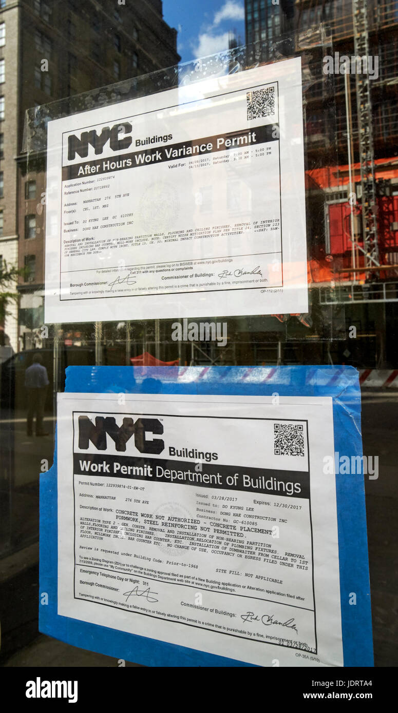 Nyc la construction permis de travail et après les heures de travail permet de variance New York USA Banque D'Images