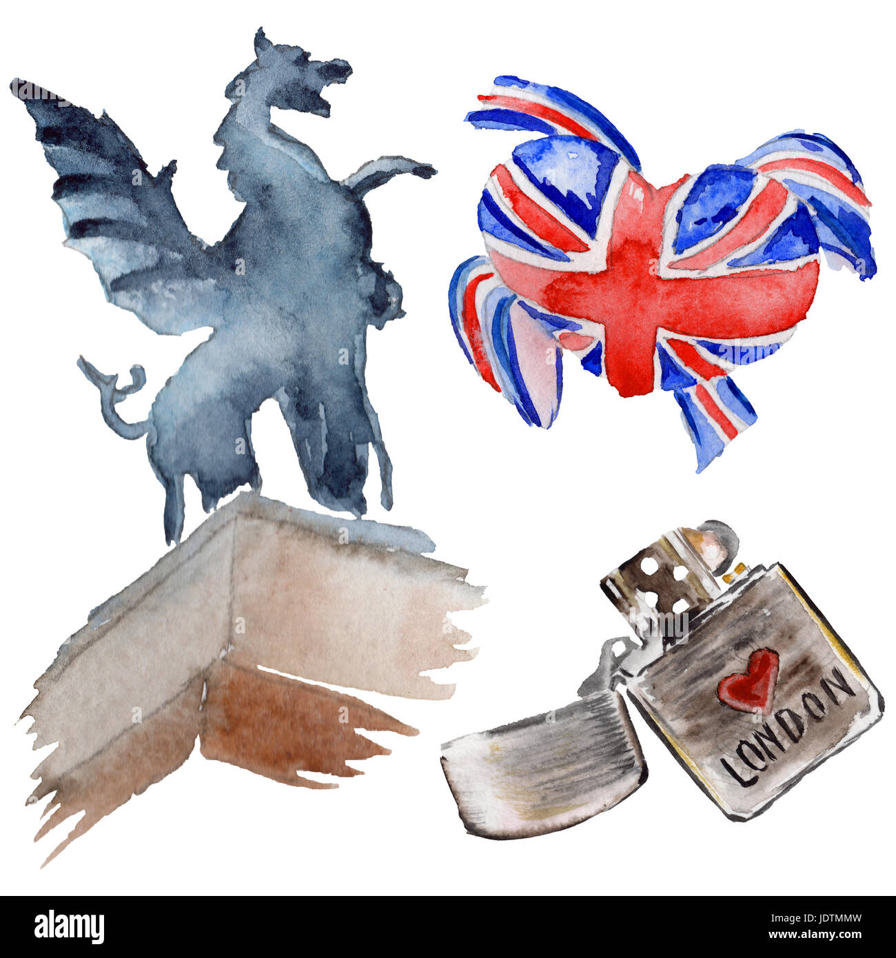 Londres aquarelle illustration. Grande-bretagne symboles dessinés à la main. Banque D'Images