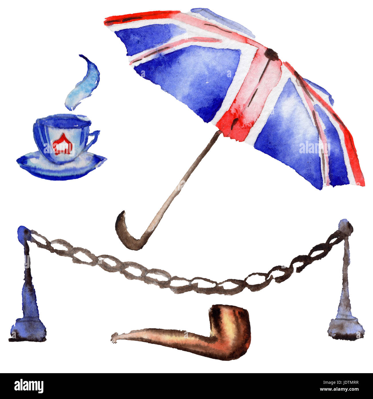 Londres aquarelle illustration. Grande-bretagne symboles dessinés à la main. Banque D'Images