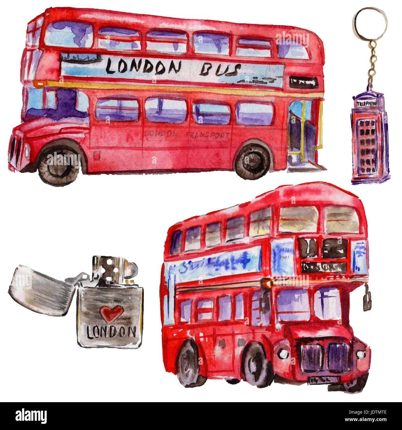Londres aquarelle illustration. Grande-bretagne symboles dessinés à la main. Bus britannique Banque D'Images