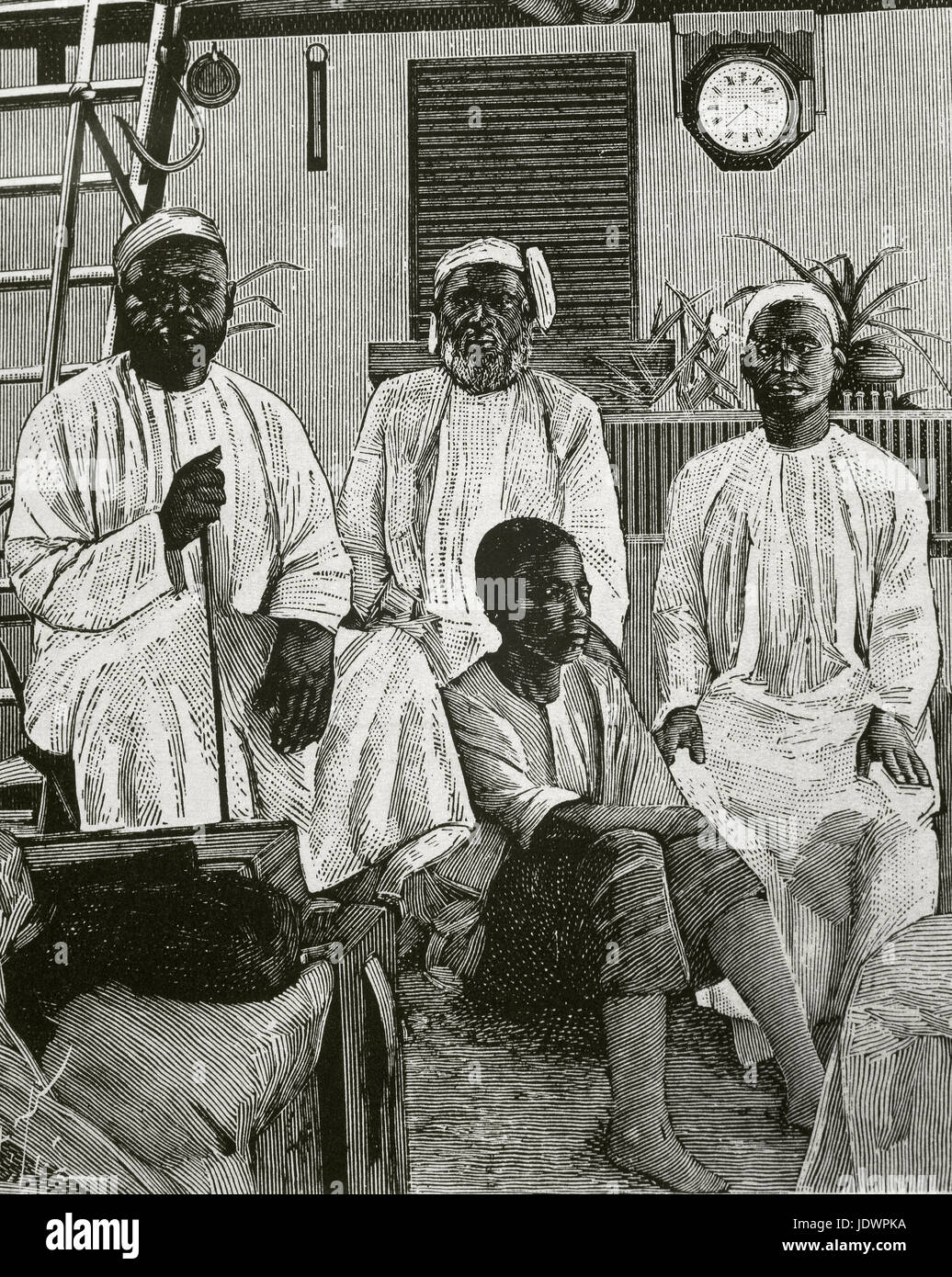 Tippu Tip (1832-1905). Swahili-Zanzibari marchand d'esclave. Un commerçant d'ivoire, explorer, propriétaire de plantation et le gouverneur. Tippu Tip avec ses collaborateurs. La gravure. 'Les grands dossiers de l'illustration". Banque D'Images