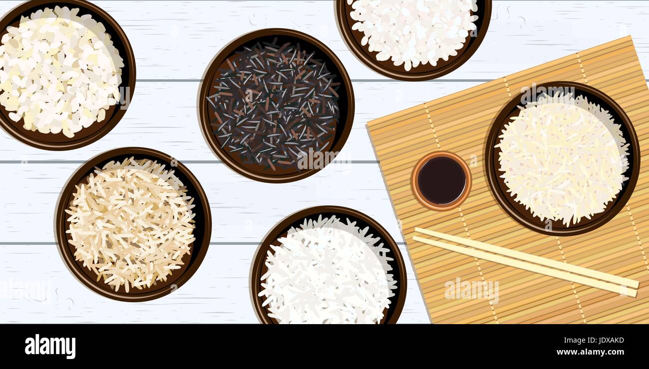 Différents types de riz dans des bols sur fond de bois blanc, basmati, jasmin sauvage, long, brun, arborio. sushi baguettes. Cuisine des nattes de bambou. Vecto Illustration de Vecteur