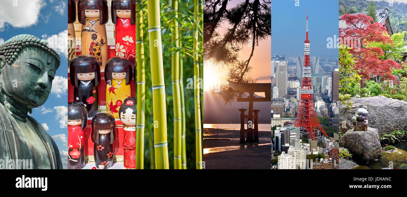 Le Japon, collage photo panoramique, symboles japonais, le Japon Voyages et tourisme concept Banque D'Images