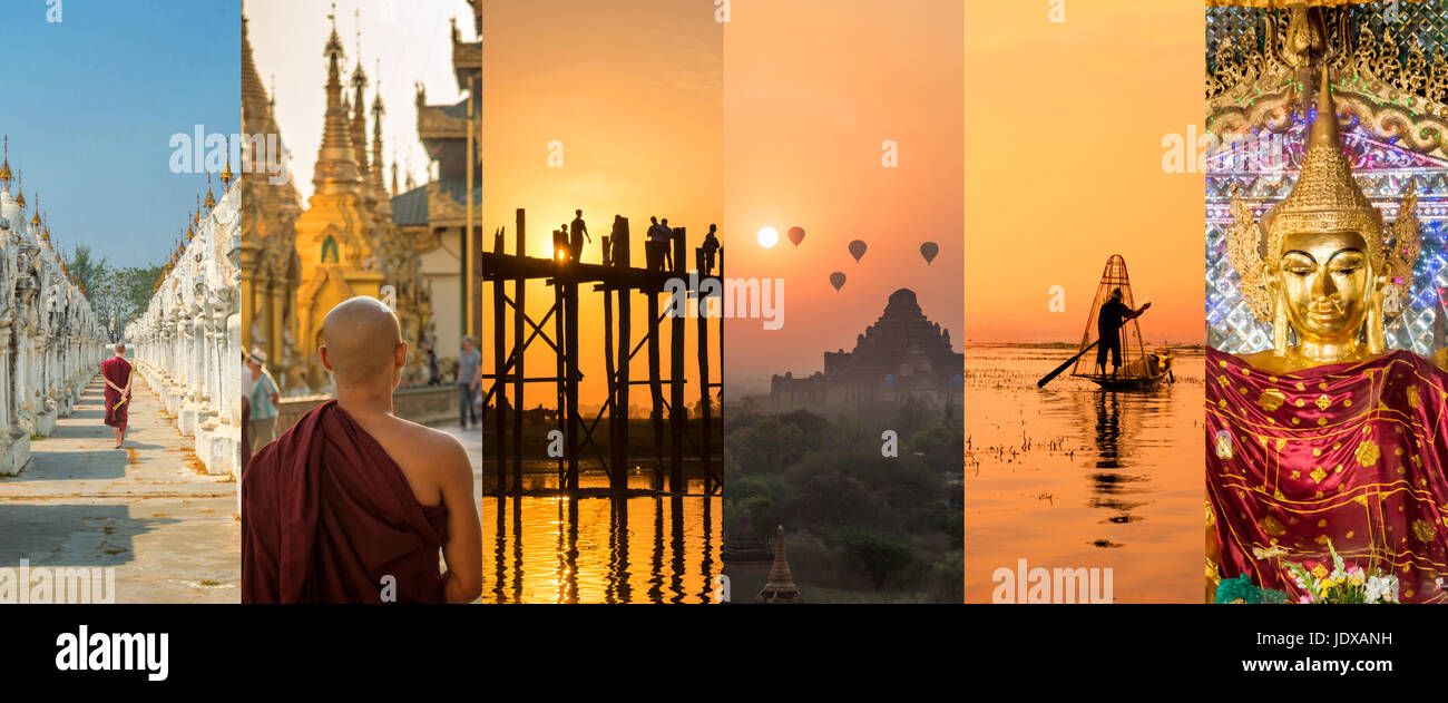 Birmanie (Myanmar), collage photo panoramique, symboles, birmans Birmanie Voyages et tourisme concept Banque D'Images