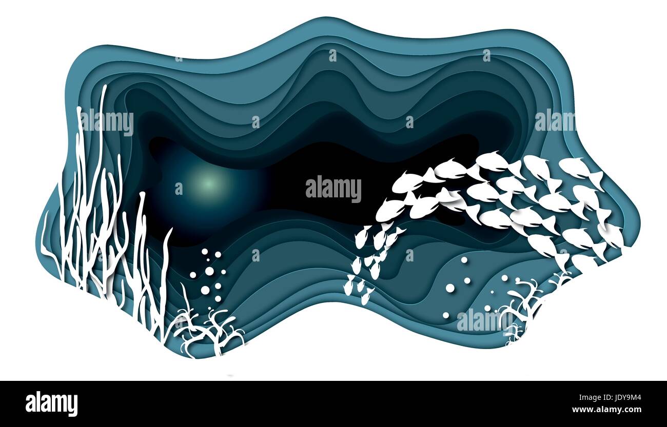 Banc de poissons de fond de l'océan avec du papier style art du châssis. Origami Papier océan éléments.le passage du poisson Illustration de Vecteur