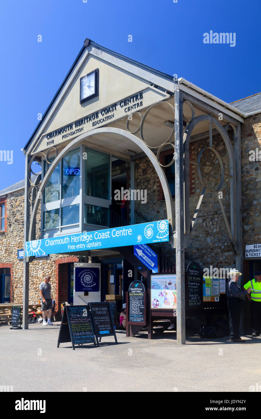Façade de la côte, Centre du patrimoine Charmouth Dorset,UK, avec les combustibles shop et le café du musée ci-dessous Banque D'Images