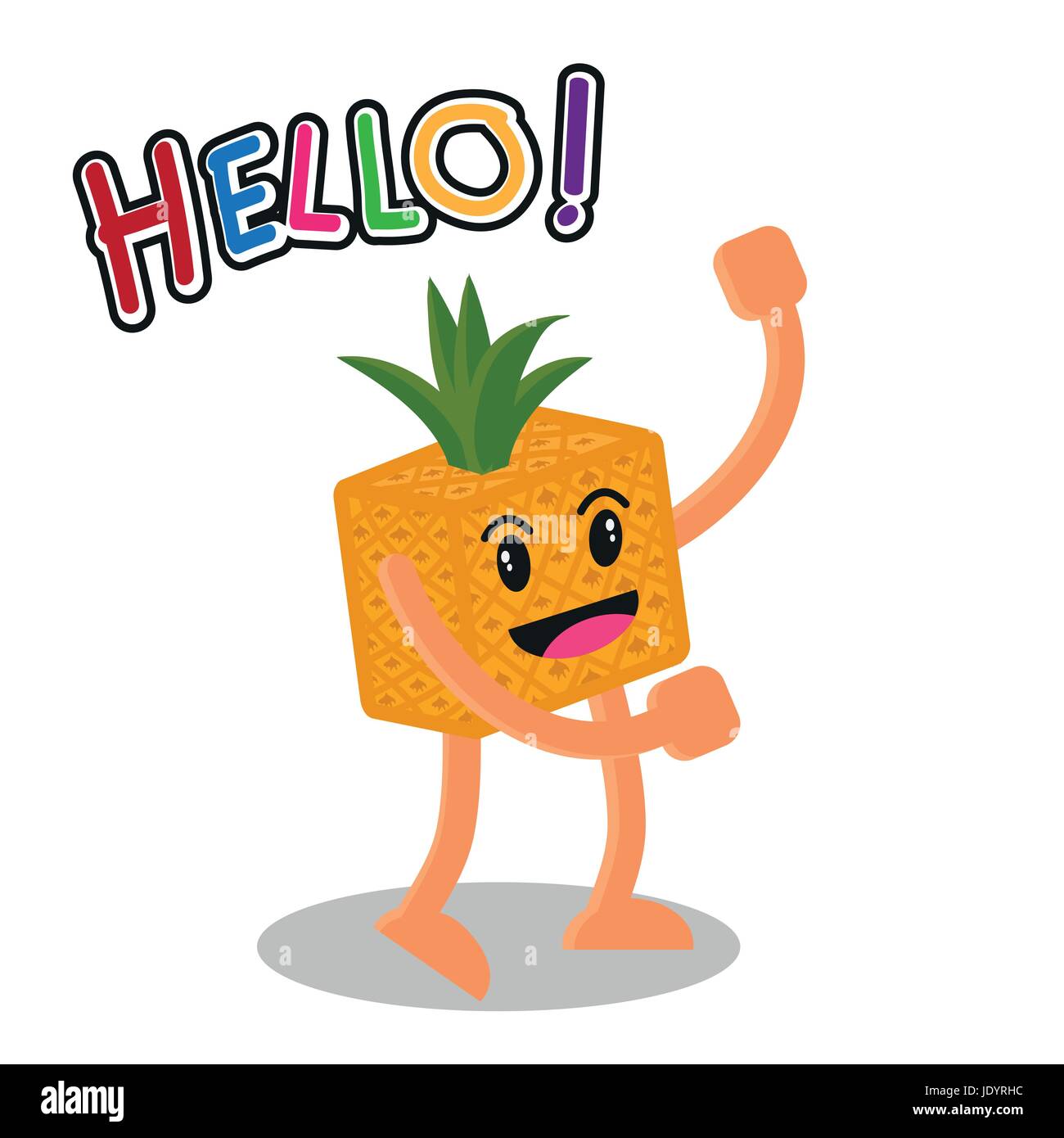 Smiling Fruits Ananas Cartoon Mascot Character, fruits heureux isolé sur fond blanc avec le texte Bonjour, Vector Illustration. Illustration de Vecteur