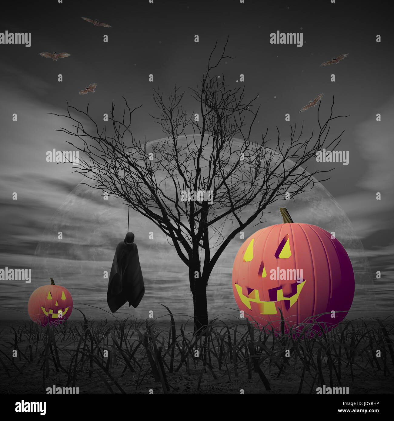 Paysage d'Halloween avec des citrouilles, des pierres tombales et cadavre accroché sur arbre mort par nuit de pleine lune, fond noir et objets colorés - 3D render Banque D'Images