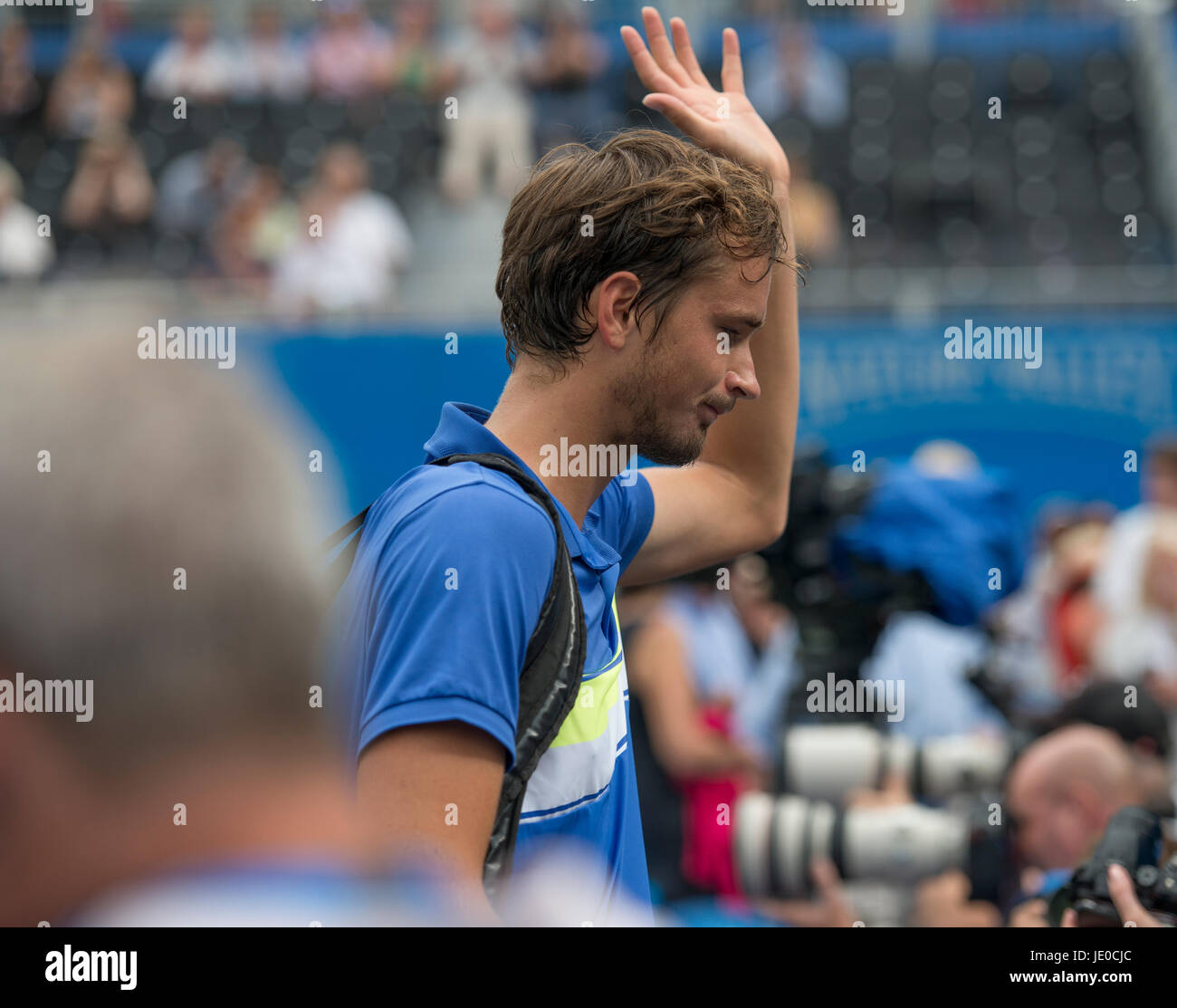 Le Queen's Club, London, UK. 22 juin 2017. Jour 4 de l'Aegon Tennis Championships 2017 dans l'ouest de Londres, Daniil Medvedev (RUS) v Thanasi Kokkinakis (AUS), remportant en deux ensembles. Credit : Malcolm Park / Alamy Live News Banque D'Images