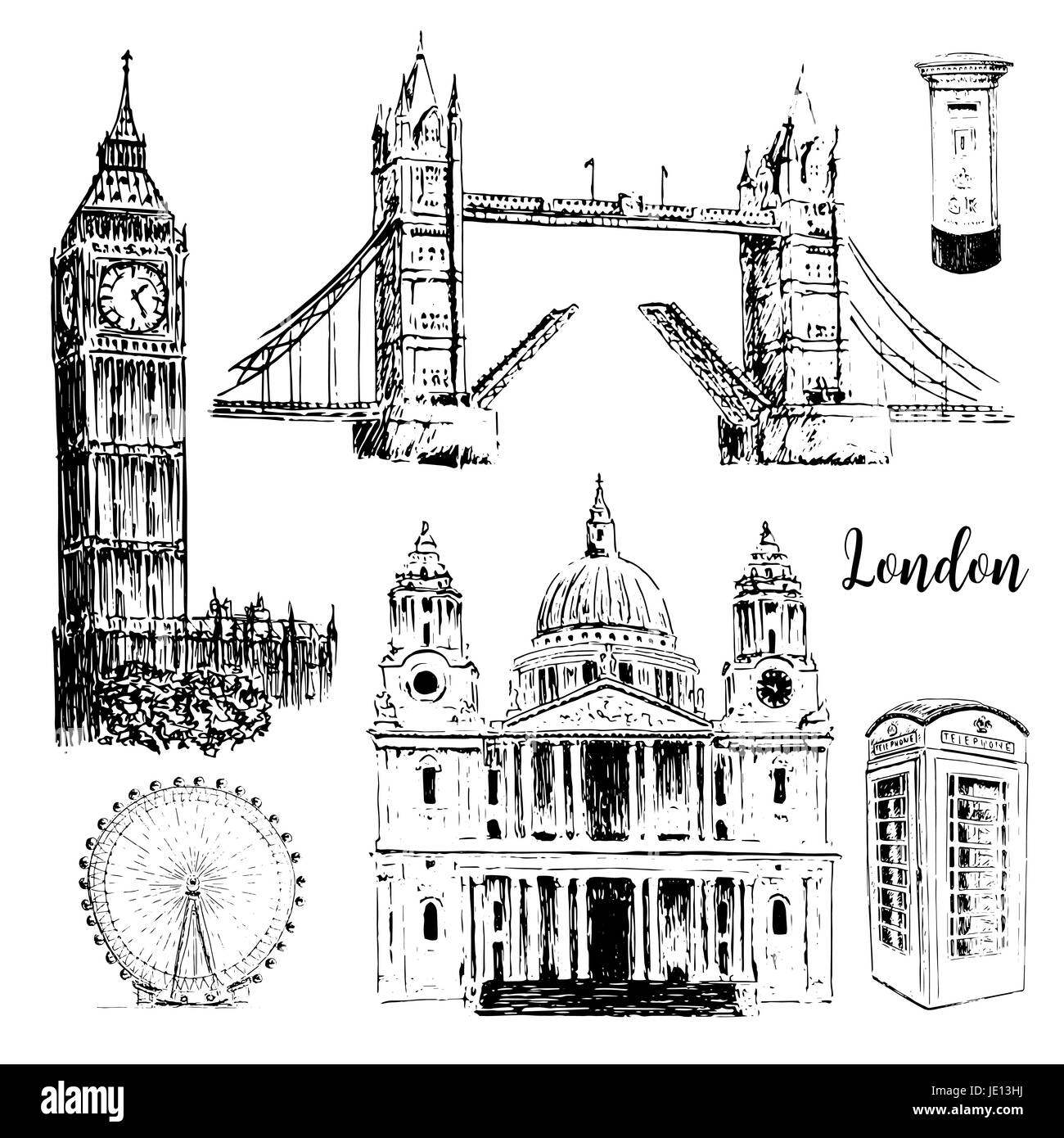 Symboles d'architecture de Londres : La Cathédrale St Paul, Big Ben et le Tower Bridge, London Eye. Belle illustration croquis vecteur dessiné à la main. Pour les estampes, t Illustration de Vecteur