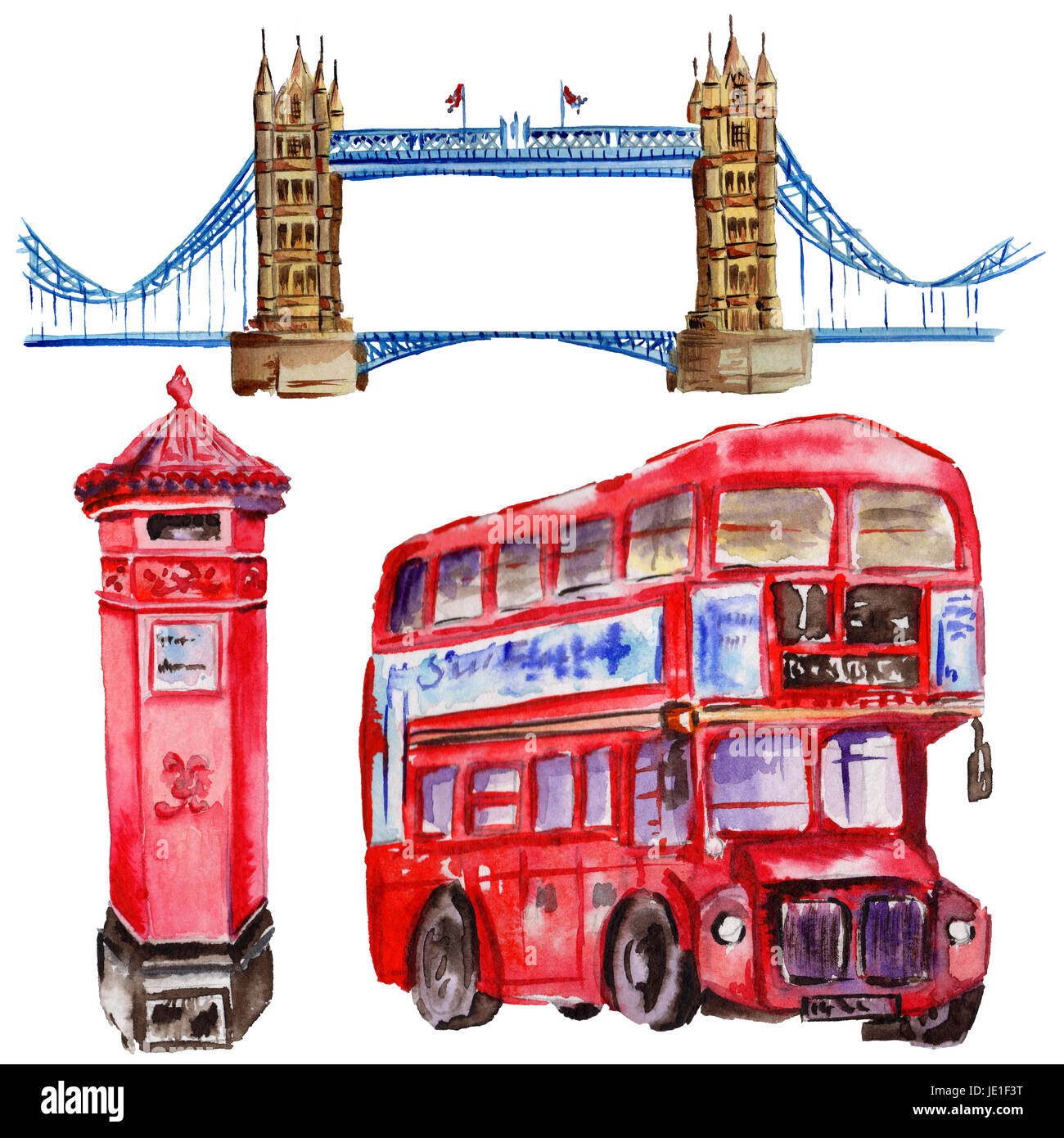 Londres aquarelle illustration. Grande-bretagne symboles dessinés à la main. Bus britannique Banque D'Images