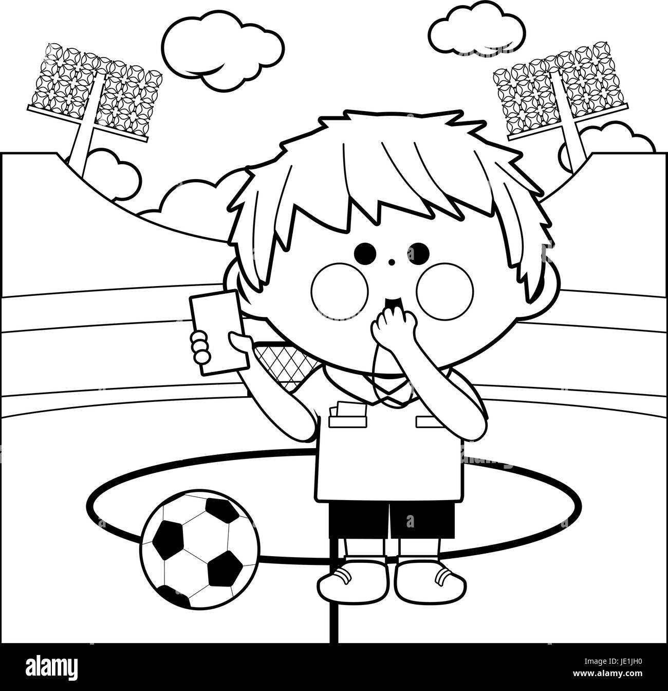 Arbitre de football qui siffle et montre un carton rouge dans un stade pendant le match. Équipe de football enfants dans un match. Page de coloriage noir et blanc vectoriel. Illustration de Vecteur Arbitre de football qui siffle et montre un carton rouge dans un stade pendant le match. Équipe de football enfants dans un match. Page de coloriage noir et blanc vectoriel. Illustration de Vecteur