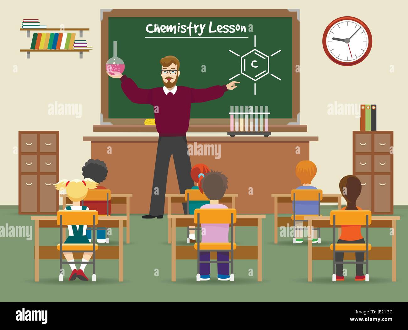 Leçon de chimie classe vector illustration. Laboratoire de chimie de l'école avec des garçons et des filles les enfants et l'enseignant woman Illustration de Vecteur