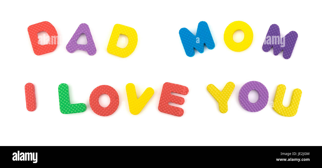 Papa maman JE VOUS AIME façonné par l'alphabet jigsaw puzzle sur le blanc comme concept de famille Banque D'Images