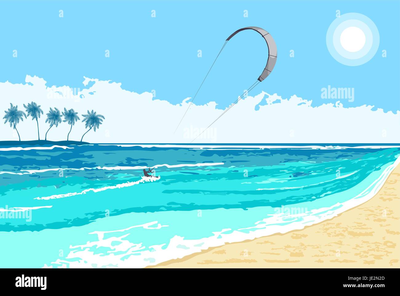 L'été de kitesurf sur la mer tropicale sports nautiques avec l'arrière-plan et l'île de Palms. Illustration de Vecteur