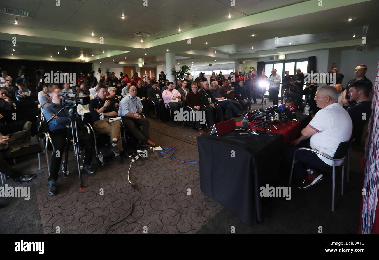 Les Lions britanniques et irlandais l'entraîneur Warren Gatland lors de la conférence de presse le stade QBE, Auckland. Banque D'Images