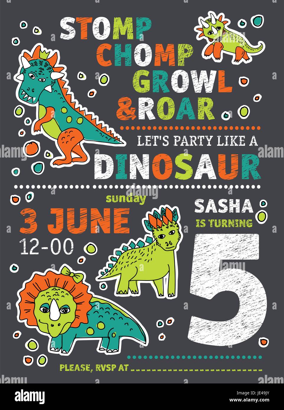 Dinosaures invitation anniversaire parti. Illustration de Vecteur