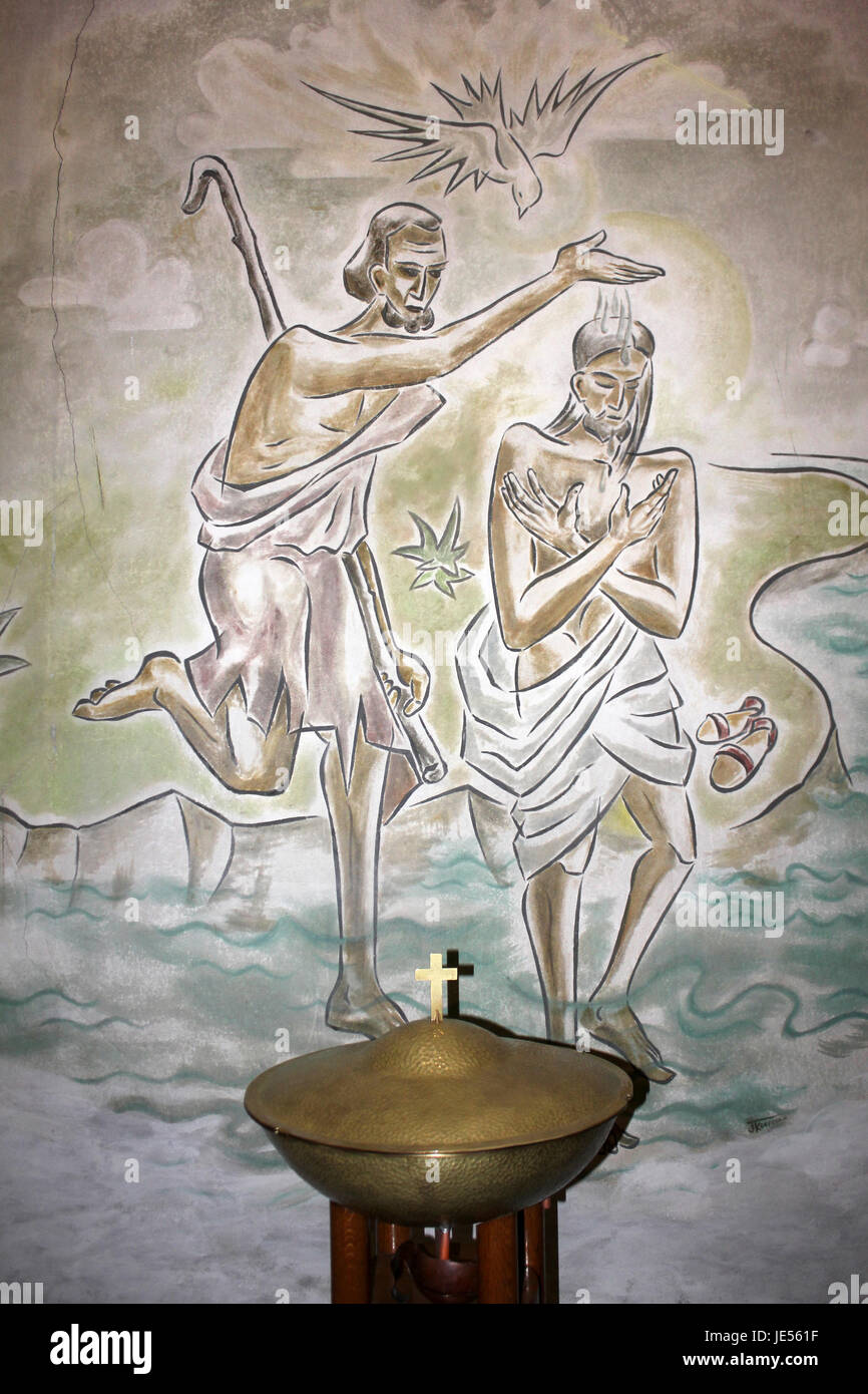 Peinture murale représentant Saint Jean baptisant Jésus Banque D'Images