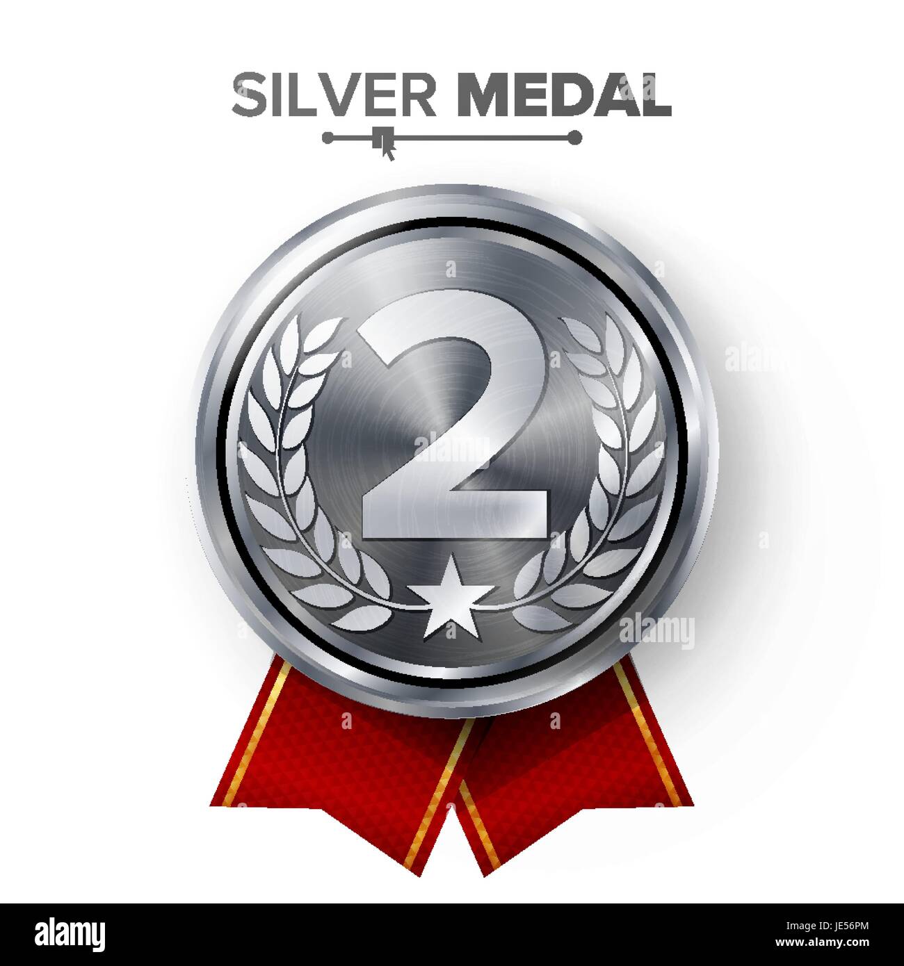 Médaille d'argent 2ère place vecteur. Metal Badge réaliste avec deuxième Placement Réalisation. Étiquette ronde avec ruban rouge, couronne de laurier. Gagnant du prix d'Honneur Illustration de Vecteur