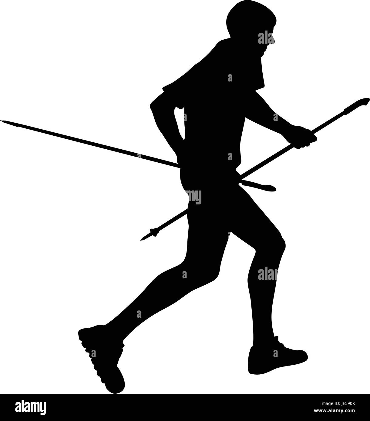 Vue latérale silhouette noire male runner avec bâtons de marche en marche Illustration de Vecteur