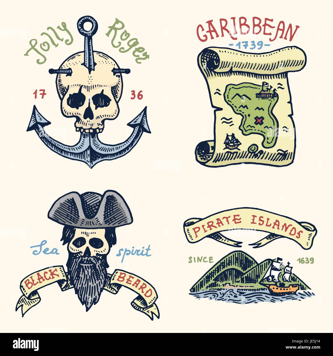 Ensemble de gravés, dessinés à la main, vieux, ou étiquettes de corsaires, le crâne à l'ancre, la carte de trésor, Barbe noire, île des Caraïbes. Jolly Roger. Pirates et marines ou nautique mer, emblème de l'océan. Illustration de Vecteur