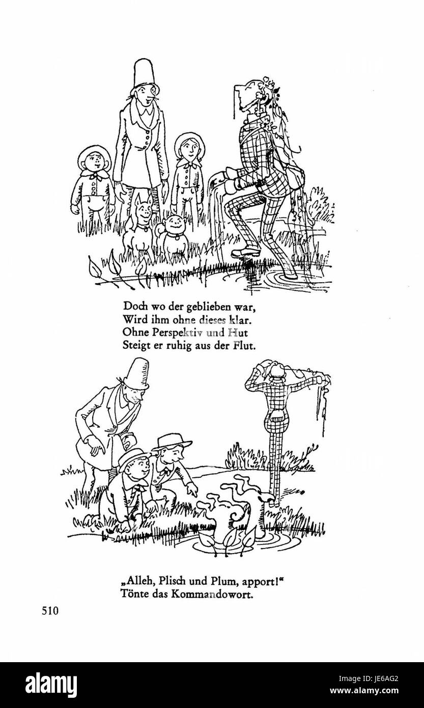 Cette page de la collection Busch Werke présente une illustration détaillée ou une gravure de l'œuvre de l'artiste allemand Wilhelm Busch. La pièce fait partie de sa représentation satirique et humoristique de la société allemande au XIXe siècle. Banque D'Images