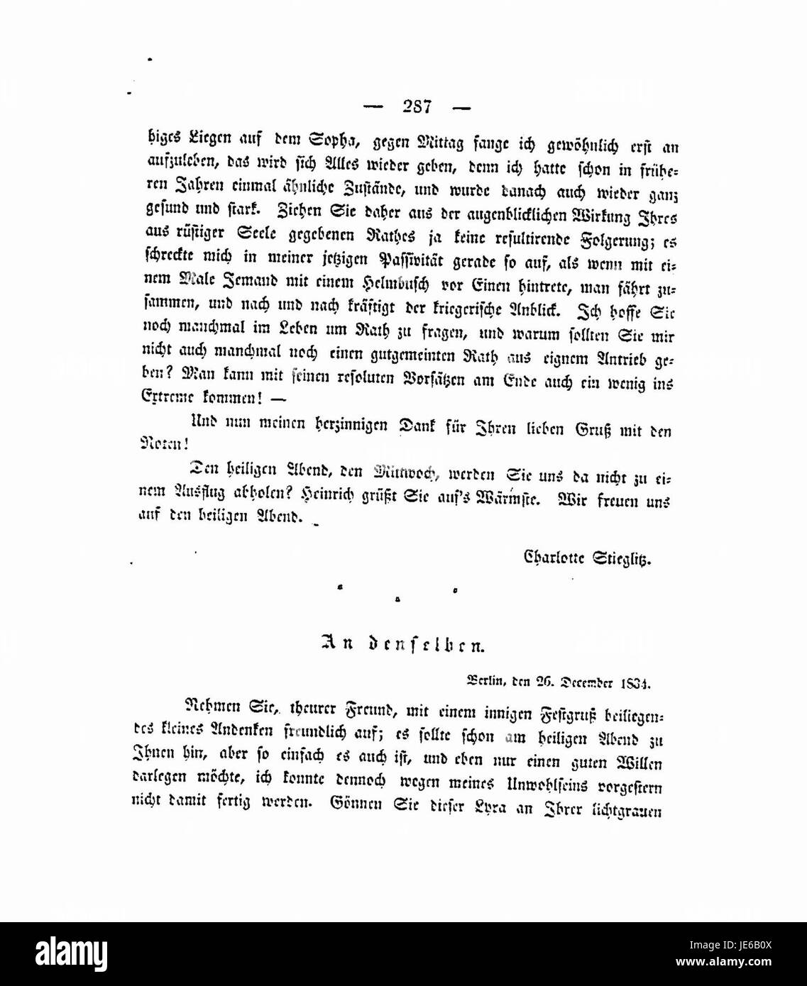 Ce titre fait référence à un monument dédié à Charlotte Stieglitz, figure notable de l'histoire. Le monument, marqué 287, commémore ses contributions ou son héritage, potentiellement dans un contexte artistique ou historique. Cette structure est un hommage à son impact, et le monument est situé dans un site spécifique pour la reconnaissance publique. Banque D'Images