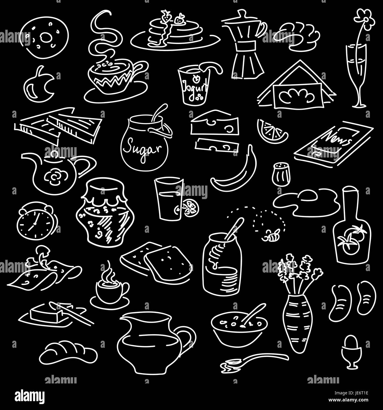 Le petit déjeuner du matin doodle vector set sur noir. Tableau style. Pain, beurre, snack, alimentation, lait, toasts, confiture, céréales, café, oeufs, beignets, boissons, suga Illustration de Vecteur