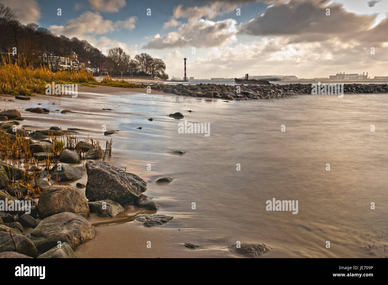 Allemagne, Hambourg, Blankenese, l'Elbe, l'hiver, port, phare, Banque D'Images