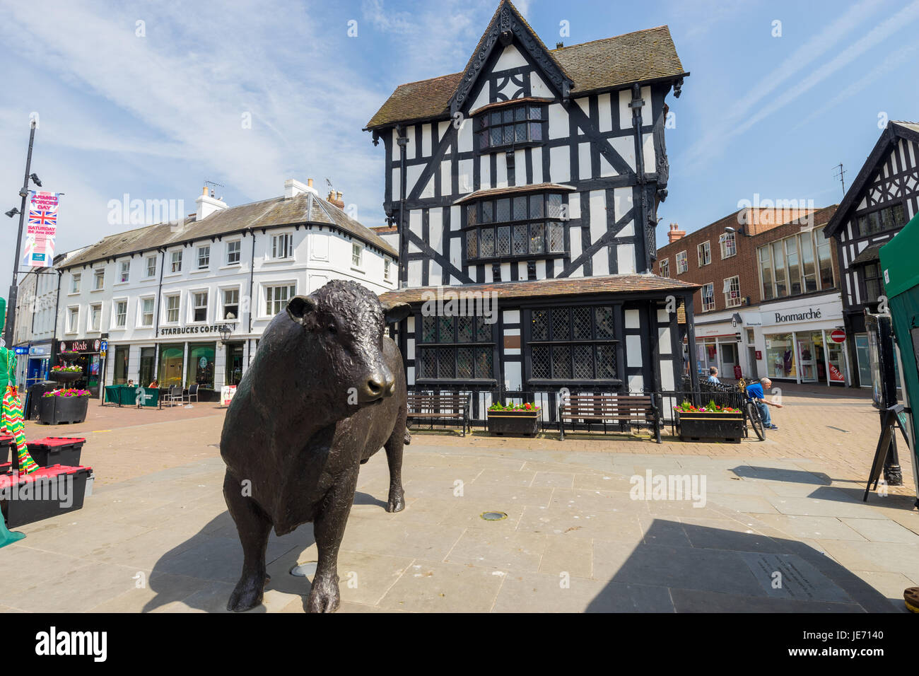 Retour et White House Museum et bronze statue taureau Hereford Herefordshire Angleterre Royaume-uni centre ville Banque D'Images