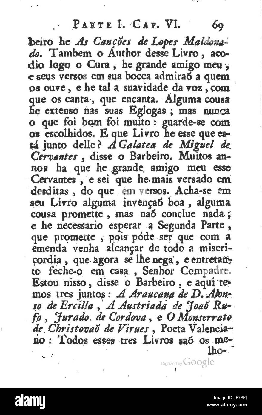 Cette page de 'Don Quichotte de la Mancha' (T1) présente un passage du roman espagnol classique de Miguel de Cervantes, détaillant les aventures du personnage-titre, Don Quichotte, et de son écuyer, Sancho Panza. Banque D'Images