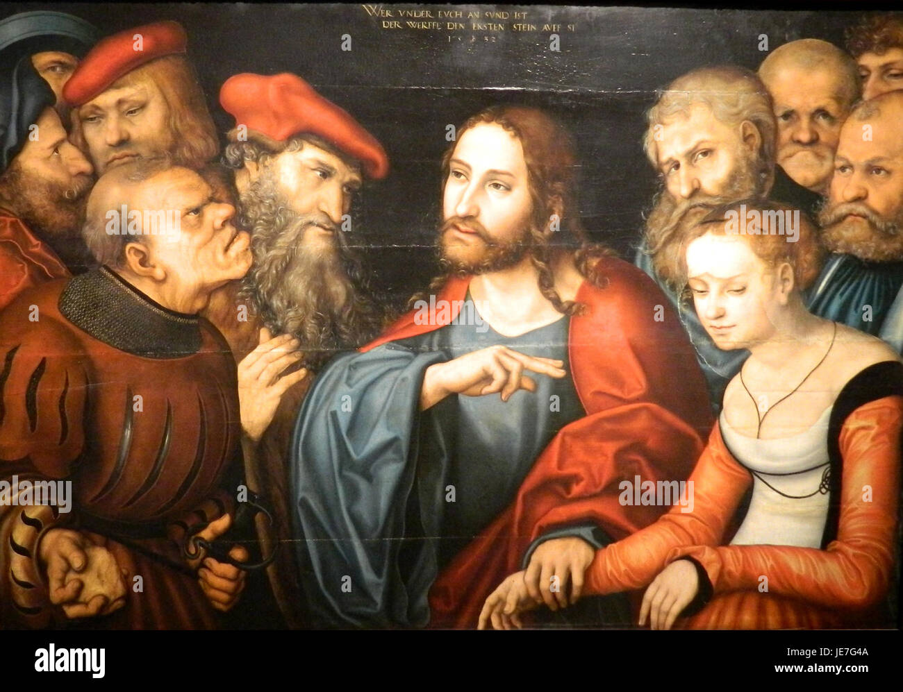 « Christ et l'Adulteress » de Lucas Cranach l'ancien est une peinture de la Renaissance représentant l'histoire biblique du Christ pardonnant à l'adulte, mettant en évidence les thèmes de la miséricorde et de la justice. Banque D'Images