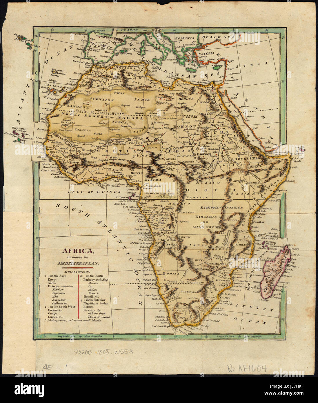 Cette image montre une carte de l'Afrique, y compris la région méditerranéenne. La carte met en évidence les caractéristiques géographiques du continent africain et sa proximité avec la mer Méditerranée, mettant en valeur ses paysages diversifiés. Banque D'Images