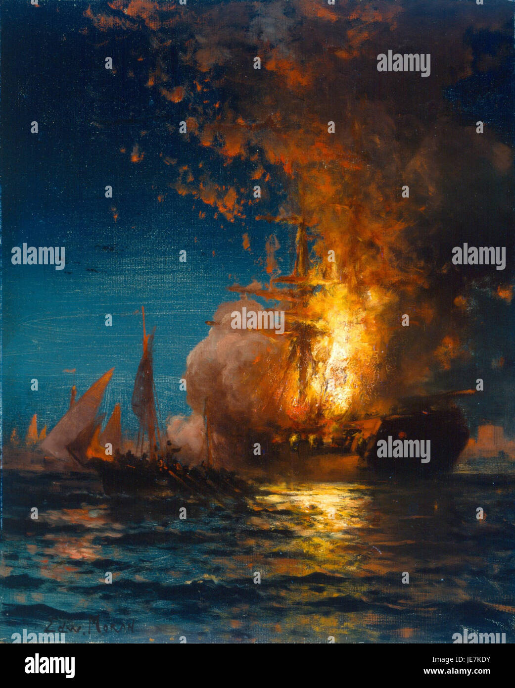 Burning of the Philadelphia d'Edward Moran décrit l'événement historique lorsque l'USS Philadelphia a été incendié pendant les guerres barbares. La peinture capture l'action navale et la destruction du navire d'une manière détaillée et dramatique. Banque D'Images