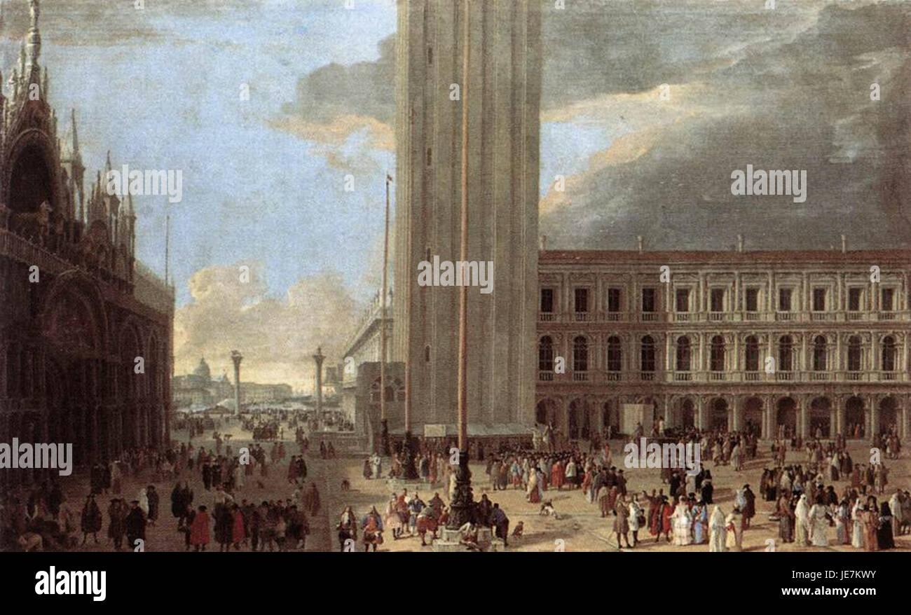 Le tableau de Luca Carlevarijs, « Piazza San Marco avec jongleurs », représente une scène animée de la Piazza San Marco de Venise. L'œuvre capture l'interaction dynamique des artistes de rue et l'architecture vénitienne emblématique. Banque D'Images
