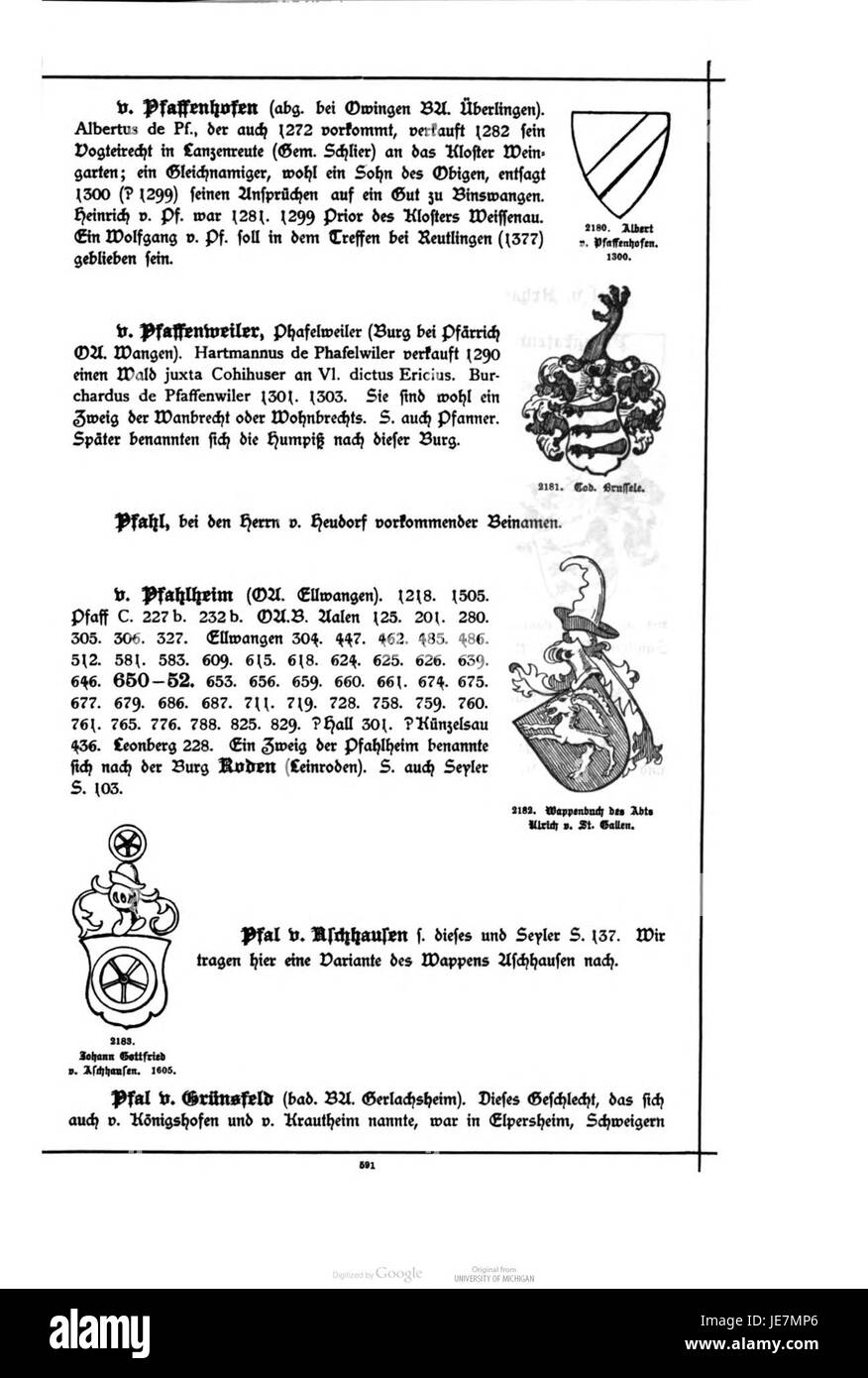 Page 590 du 'Württembergisches Adels- und Wappenbuch', détaillant l'héraldique et la généalogie des familles nobles de Württemberg. Banque D'Images