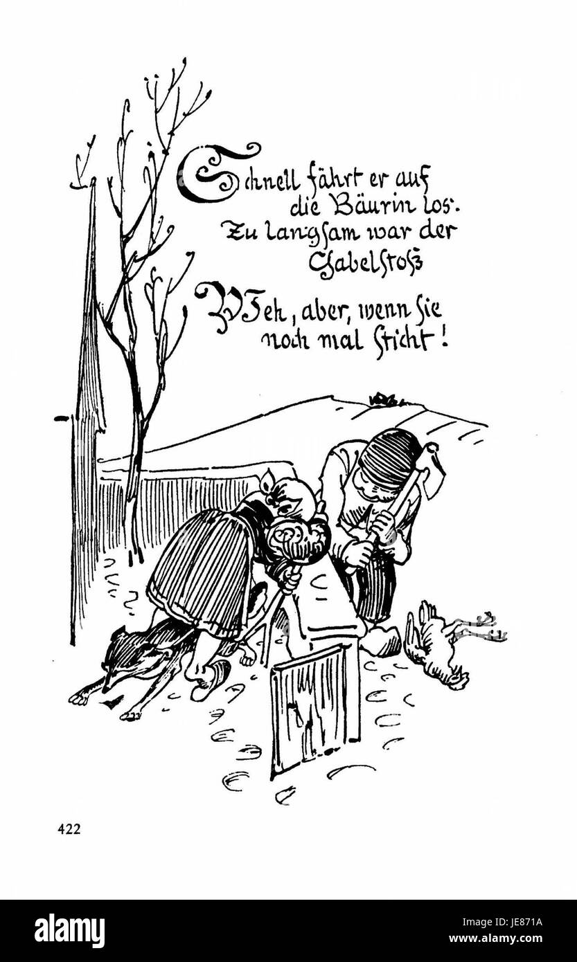'Busch Werke' est une collection d'œuvres de l'artiste allemand Wilhelm Busch. Volume 3, page 420, contient un de ses dessins humoristiques, mettant en valeur son style comique distinct et son commentaire satirique. Banque D'Images