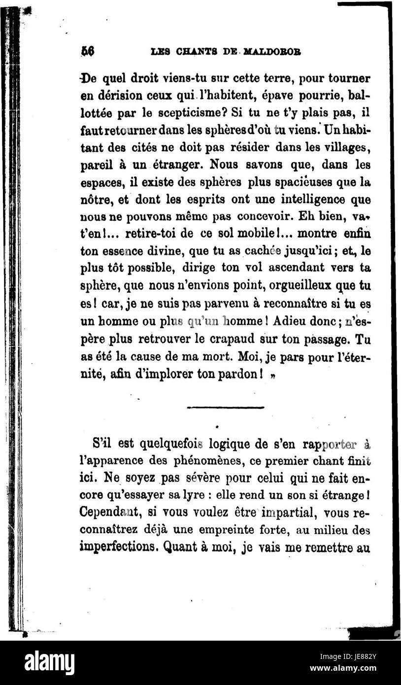 Chants de Maldoror est une œuvre d'Isidore Ducasse sous le pseudonyme de Comte de Lautréamont. Le poème est une pièce très influente de la littérature française, connue pour son style sombre, surréaliste et avant-gardiste. Banque D'Images
