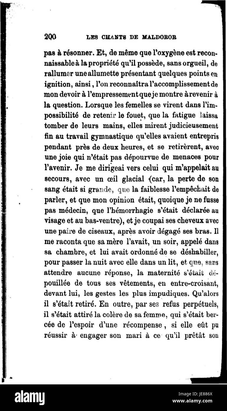 Chants de Maldoror est une œuvre du comte de Lautréamont, connue pour son récit surréaliste, sombre et poétique. Le texte explore les thèmes de la rébellion, de la condition humaine et de l’existentialisme, remettant en question les normes et conventions sociétales. Banque D'Images