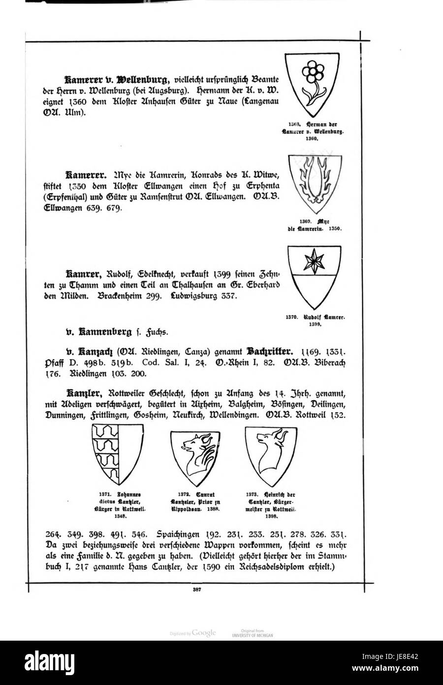 L'image montre une entrée du 'Wuerttembergisches Adels- und Wappenbuch', un livre historique détaillant les familles nobles et leurs armoiries. La page comprend des informations héraldiques, telles que les noms de famille, les titres et les armoiries liés au noble patrimoine de la région. Banque D'Images