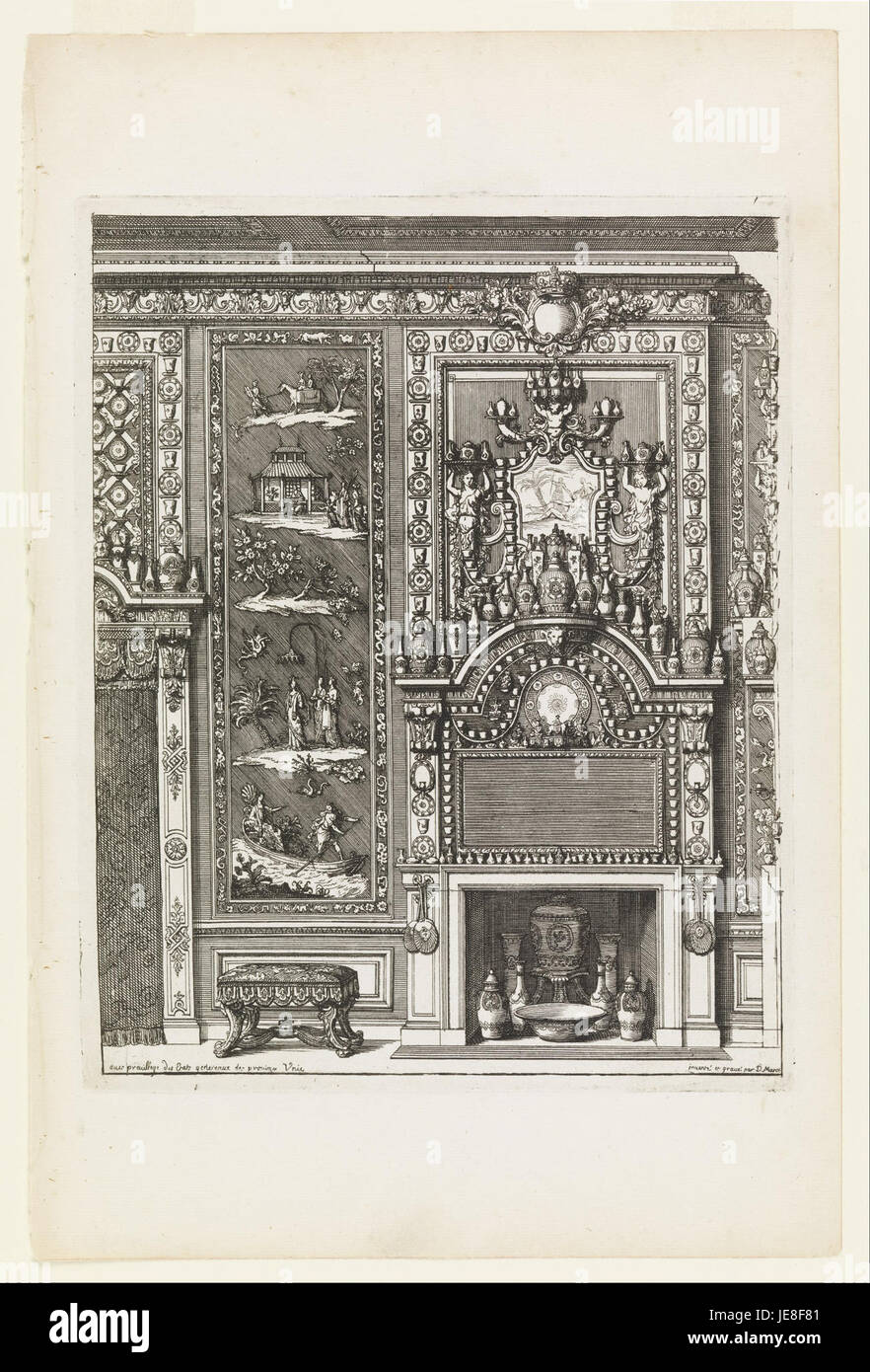 Un design de Daniel Marot pour un mur de cheminée avec panneaux laqués et porcelaine, reflétant le style de décoration intérieure français du XVIIIe siècle. Banque D'Images
