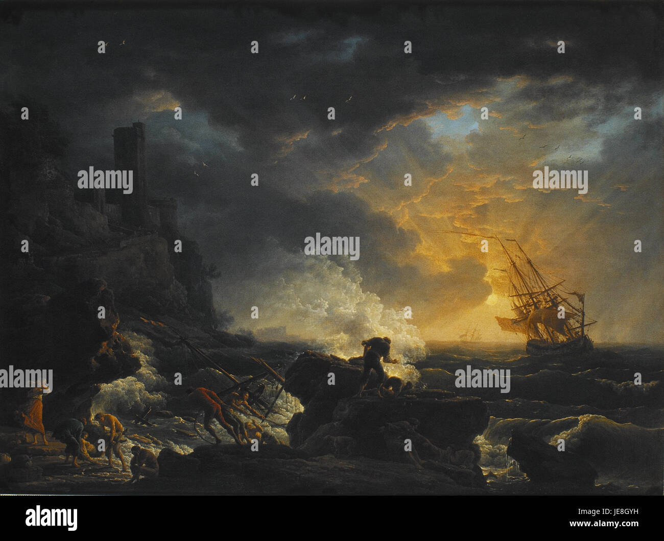 Une peinture de Claude Joseph Vernet représentant un naufrage en mer, capturant le moment dramatique de la catastrophe dans un environnement maritime turbulent. Banque D'Images
