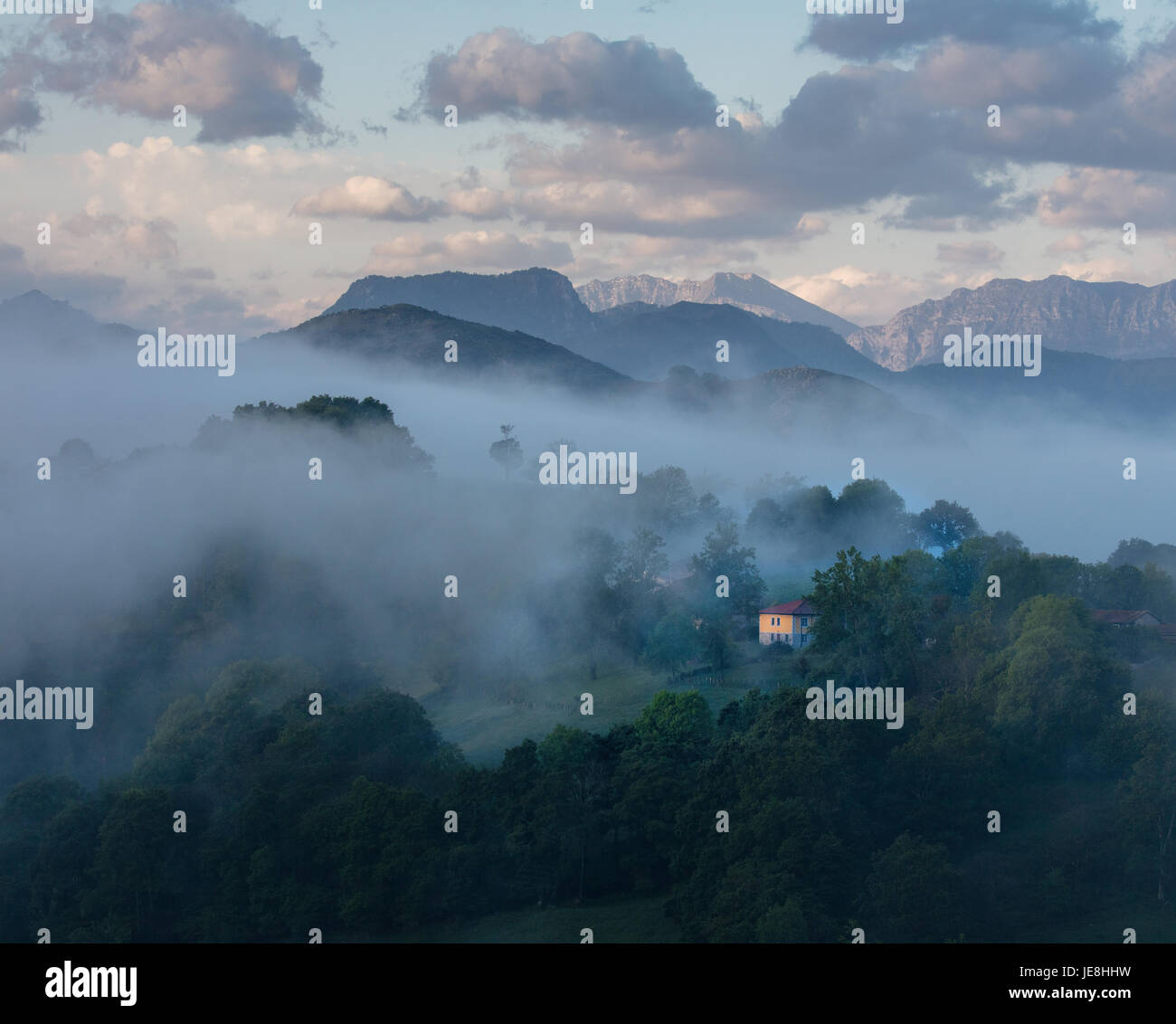 Dégagement tôt matin brouillard dans les Picos de Europa de l'ouest dans le nord de l'Espagne près de Ariondas Banque D'Images