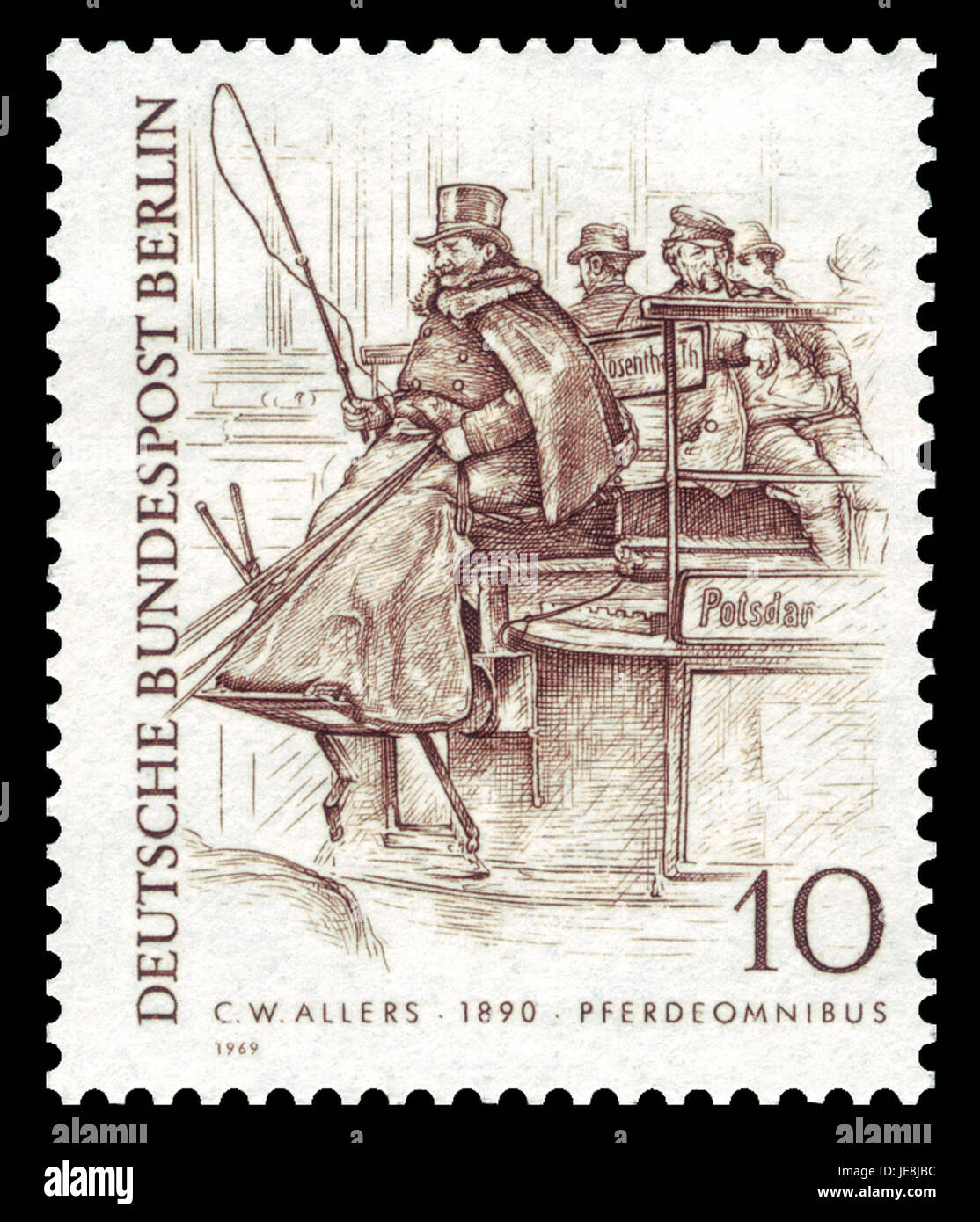 L'image représente une maquette de 1969 d'un Christian Wilhelm allers Pferdeomnibus, un omnibus tiré par des chevaux utilisé pour les transports publics dans le passé. Il illustre la technologie historique des transports. Banque D'Images