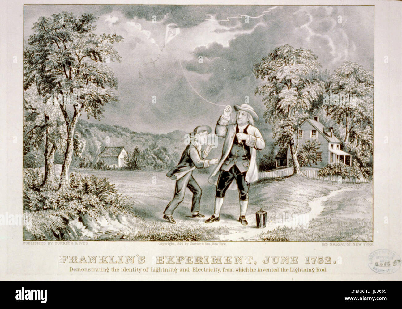 Une représentation de la célèbre expérience foudre de Benjamin Franklin en 1752, mettant en valeur son travail révolutionnaire sur l'électricité. Franklin a utilisé un cerf-volant pour prouver la nature électrique de la foudre. Banque D'Images