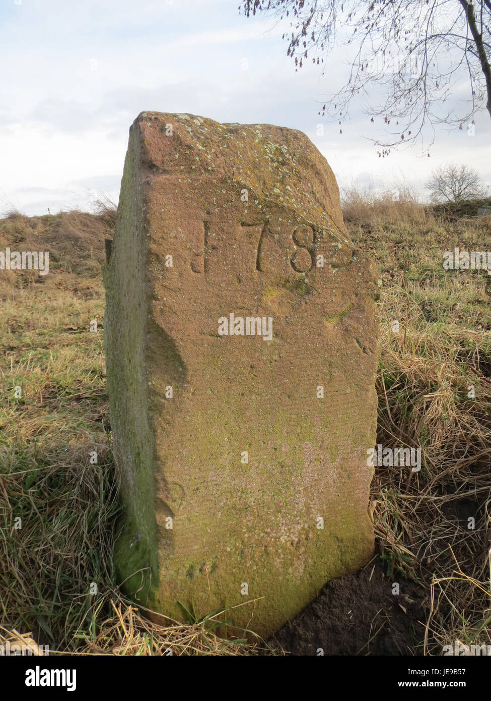 Cette image représente le Grenzstein, une pierre limite à Neulussheim, en Allemagne. La pierre marque la frontière historique entre les territoires, souvent inscrite avec la date et la juridiction. C'est un artefact historique important reflétant les divisions territoriales de la région. Banque D'Images