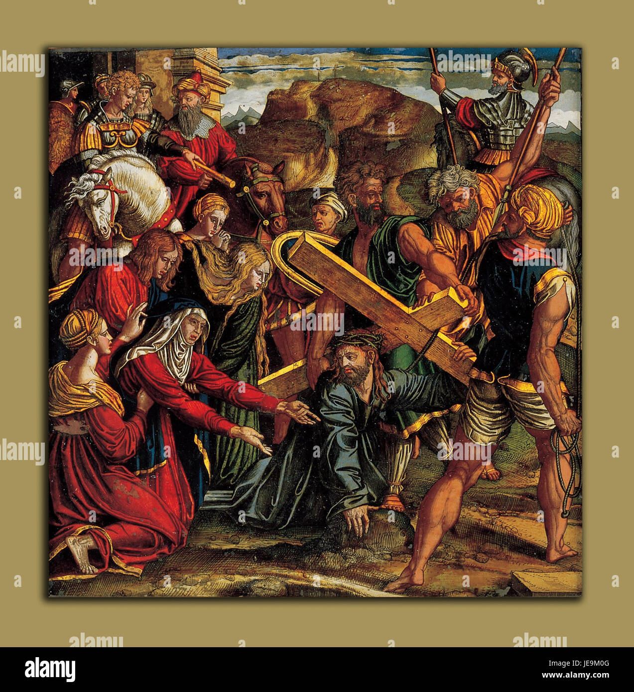 Une peinture religieuse représentant la chute du Christ sur la route du Calvaire, qui fait partie du récit de la passion dans la théologie chrétienne. Il capture un moment de souffrance et de sacrifice divin alors que Christ porte la croix vers sa crucifixion. Banque D'Images